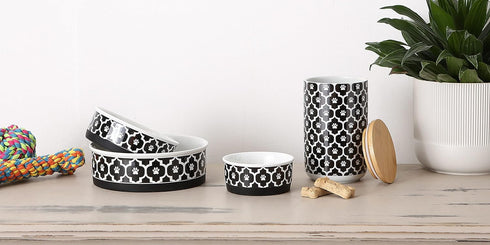 Bone Dry Lattice Collection Pet Bowl & Canister, Small Set, 4.25x2 inches, Black, 2 Piece