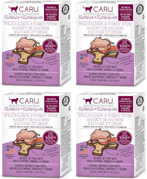 Caru Classics Wild Salmon & Turkey Stew for Cats - Healthy Functional Wet Cat Food, 5.5 oz Cartons, Pack of 4