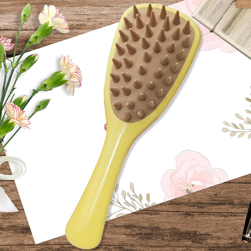 Pet Silicone Shampoo Brush for Dogs & Cats, Washing Brush with Handle for Bathing, Massaging, Hair Removal (Yellow)