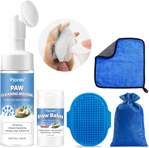 Dog Paw Cleaner Kit - No-Rinse Foaming Cleanser, Paw Balm for Dry Cracked Paws & Nose, Pet Foot Washer