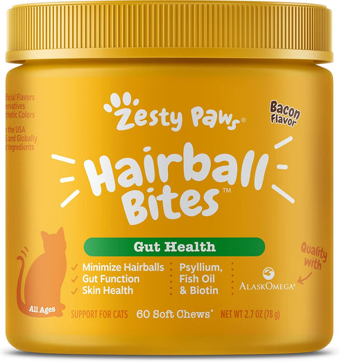 Zesty Paws Hairball Bites for Cats, Functional Supplement for Gut & Skin Health, 60 Count