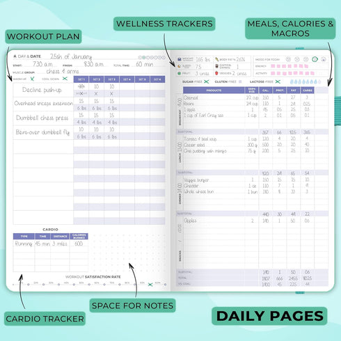 A5 Clever Fox Fitness & Food Journal Nutrition & Workout Planner for Women & Men Diet & Gym Exercise Log Book
