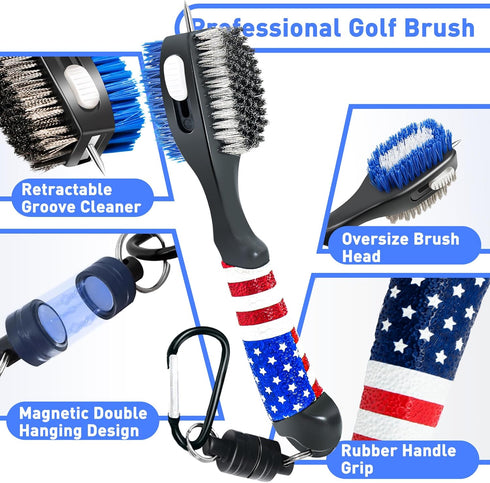 Golf Club Brush and American Flag Golf Towels, Cleaning Kit, Golf Accessories Cleaner Tool with Strong Magnet