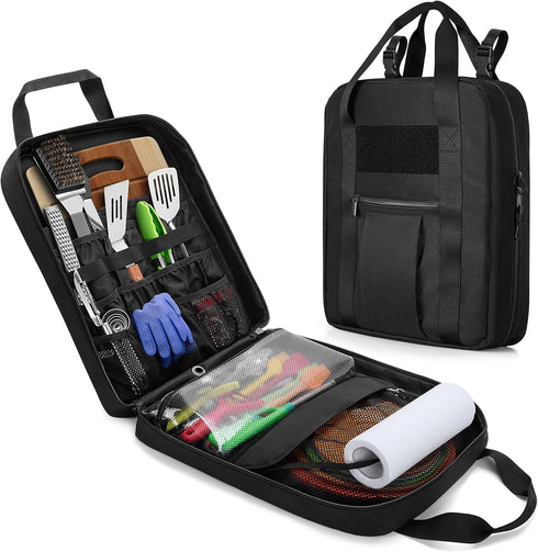 Hanging Camp Utensil Organizer with Towel Paper Holder, Portable Camping Kitchen Cookware Bag for Outdoor Cooking