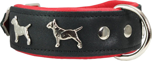 Real Leather Soft Padded Dog Collar, 1.75" Wide for Bull Terrier (13"-15.25" Neck, Black/Red)
