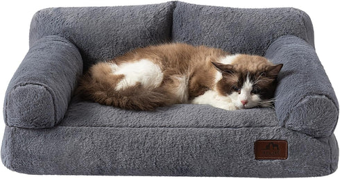 Hollypet Fluffy Plush Dog Cat Pet Sofa Couch, Soft Calming Pet Beds for Medium Small Cats and Dogs, Gray