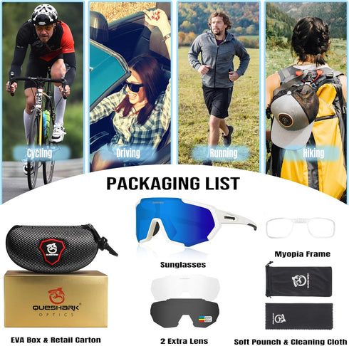 Queshark Cycling Glasses, Sports Sunglasses for Men Women, 1 Polarized 2 HD Lens for Cycling & Running
