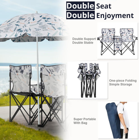 Double Folding Beach Chairs,Portable Double Folding Picnic Chairs Beach Camping Chair W/Umbrella Mini Table Beverage
