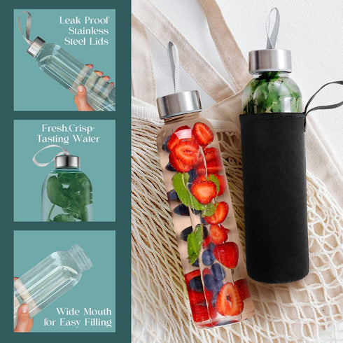24oz Pack 4 Kitchen Lux Glass Water Bottles of Nylon Protective Sleeves, Airtight Screw Top Lids, Portable Carrying