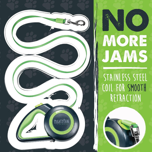 Mighty Paw Retractable Dog Leash 2.0, 16' Heavy Duty Reflective Nylon Tape Lead for Pets up to 110lbs (Green/Lite)