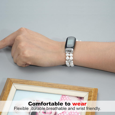Wongeto Compatible with Fitbit Luxe Bands, Fashion Handmade Elastic Stretch Pearl Bracelet Replacement Strap for Women