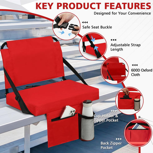 Stadium Seat for Bleachers with Back Support and Wide Padded Cushion Stadium Chair - Includes Shoulder Strap and Cup