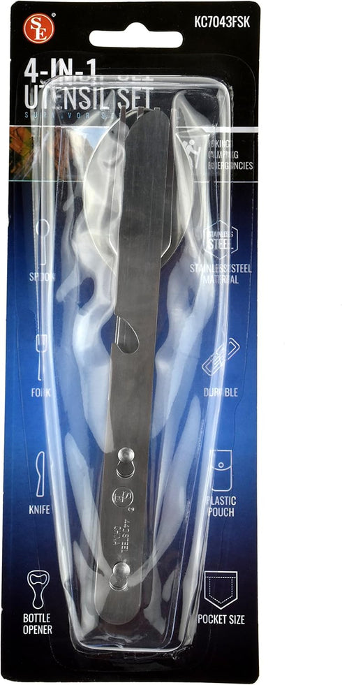 SE 4-in-1 Detachable Stainless Steel Utensil Set, Spoon, Fork, Knife, Bottle Opener with Clear Pouch
