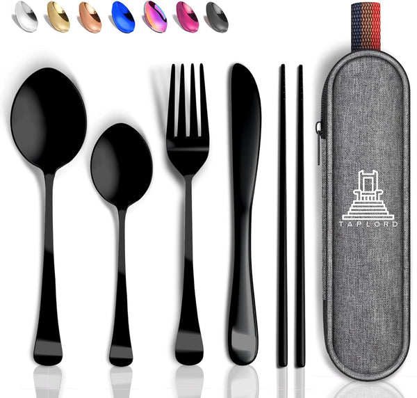 Portable Travel Silverware Set with Case, 5 Pcs Stainless Steel Flatware Set for Camping, Lightweight (Black)