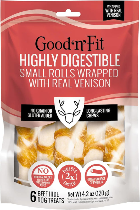 Good ‘n’ Fit Rolls, 6 Small Rolls Made with Real Venison, Long-Lasting Highly Digestible Rawhide Chews for Dogs