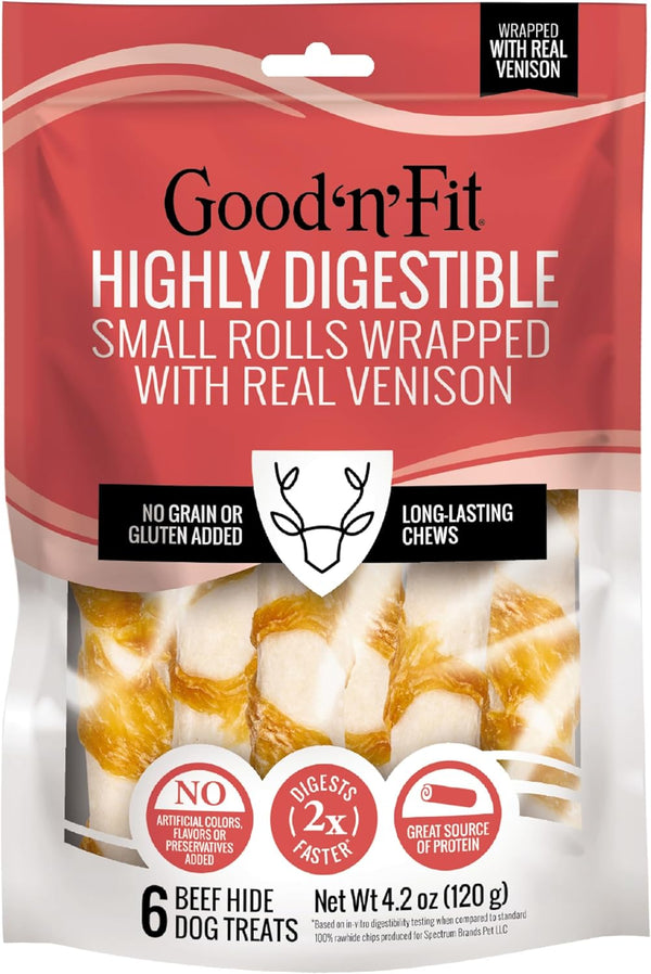 Good ‘n’ Fit Rolls, 6 Small Rolls Made with Real Venison, Long-Lasting Highly Digestible Rawhide Chews for Dogs