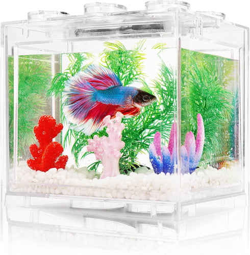 0.6 Gallon Small Betta Fish Tank Kit with LED Lighting, Stackable Beta Fish Bowl Accessories for Turtle Reptile Shrimp