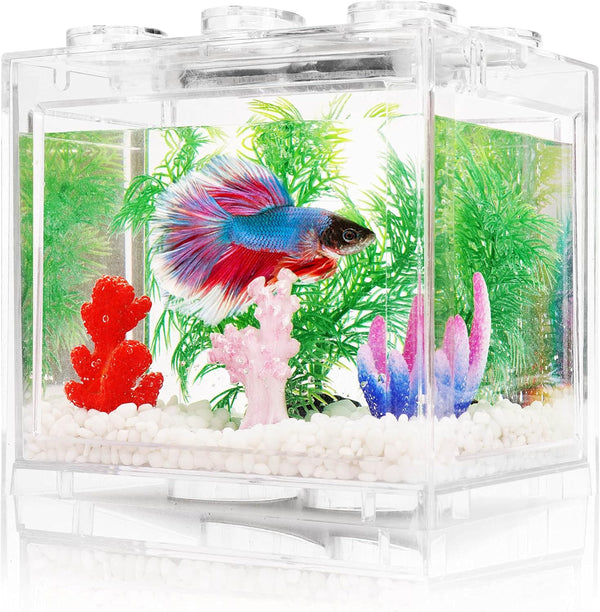 0.6 Gallon Small Betta Fish Tank Kit with LED Lighting, Stackable Beta Fish Bowl Accessories for Turtle Reptile Shrimp