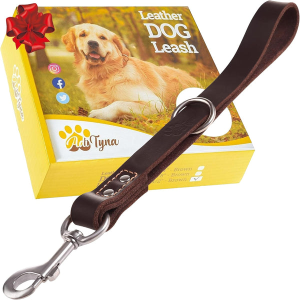Short Leather Dog Leash, 12" Length x 1" Wide, Traffic Dog Leash for Medium, Large and Extra-Large Breeds