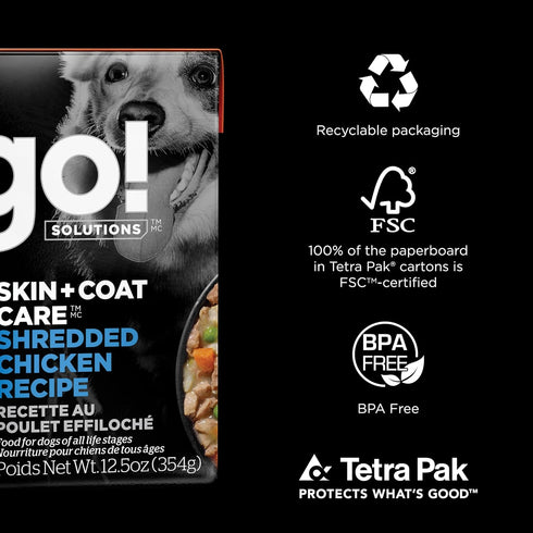 GO! SOLUTIONS Skin + Coat Care Wet Dog Food - Shredded Chicken Recipe with Grains, 12.5 oz