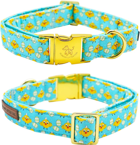 Elegant Little Tail Easter Day Dog Collar with Bow, Chicken Eggs Print, Adjustable for Small Dogs