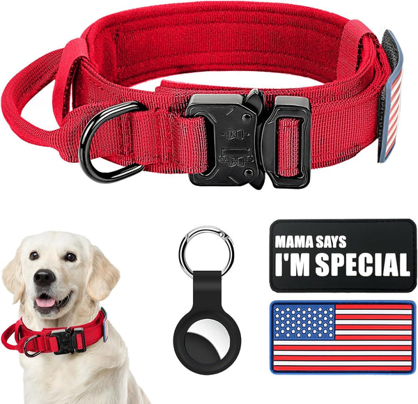 Tactical Dog Collar, Military Adjustable Nylon Dog Collar with Heavy Duty Metal Buckle and Handle for Training (Red, M)