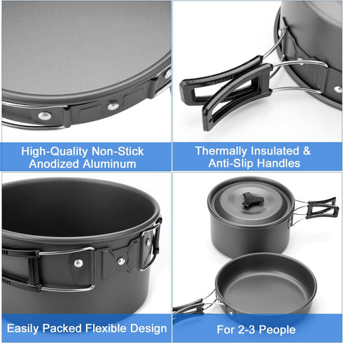 Odoland Camping Cookware Mess Kit | Lightweight Pot Pan Kettle with 2 Cups, Fork Spoon Kit for Hiking