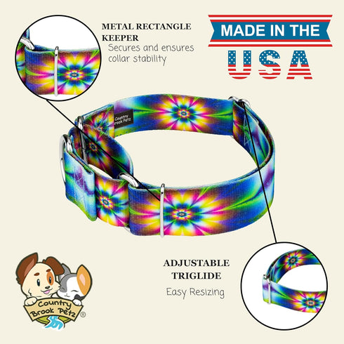 Country Brook Petz HossFit Jr Wide Martingale Dog Collar - Groovy Collection, Tie Dye Flowers, Medium