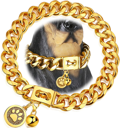 Gold Dog Chain Collar 19mm Cuban Link with Snap Buckle, 18K Gold Plated Stainless Steel for Puppy Small Medium Large