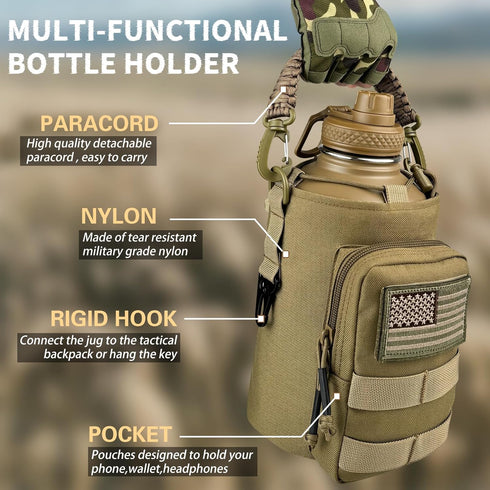 64 oz DEFUNX Half Gallon Water Bottle Insulated with Sleeve - Tactical Stainless Steel Water Jug with MOLLE Water