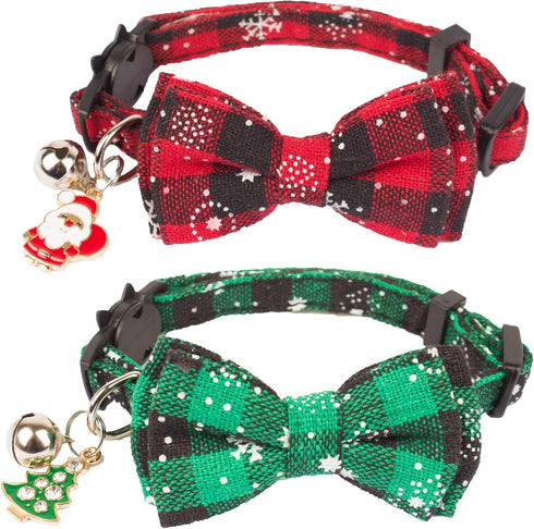 ADOGGYGO Christmas Cat Collar Breakaway with Bow Tie Bell, 2 Pack Red Green Plaid Xmas Kitten Collar