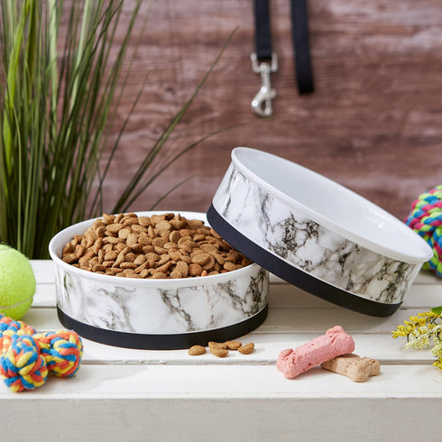 Bone Dry Pet Bowl Collection - Large Ceramic Set, Marble, 2 Count, White