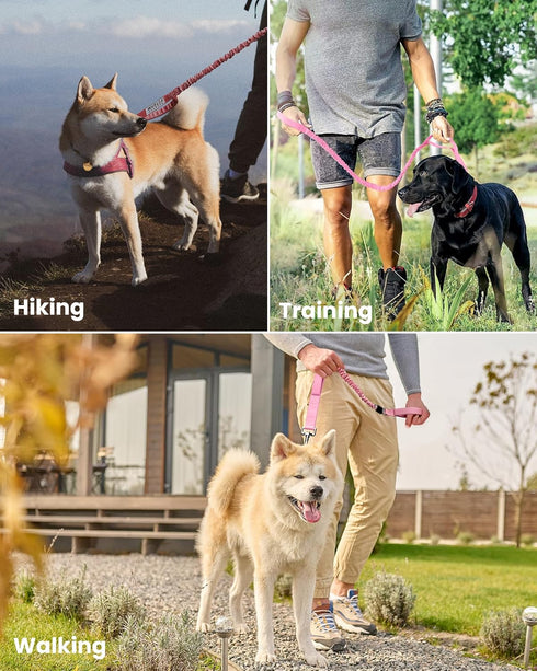 OutdoorMaster Bungee Dog Leash, Heavy Duty with Shock Absorption, 2 Padded Handles for Improved Dog Safety (Pink, 4FT)