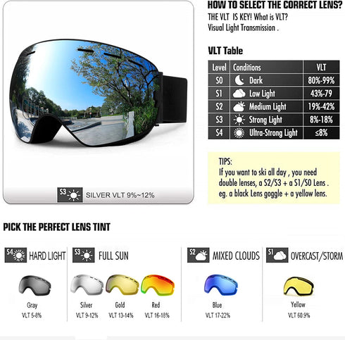 SPOSUNE Ski Goggles Over Glasses - Snow Goggle for Men Women Youth - UV400 Anti-Fog Snowmobile Goggles