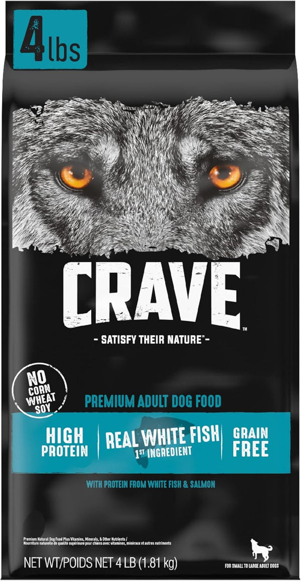 CRAVE High Protein Adult Dry Dog Food, Grain Free, White Fish & Salmon, 4 lb. Bag