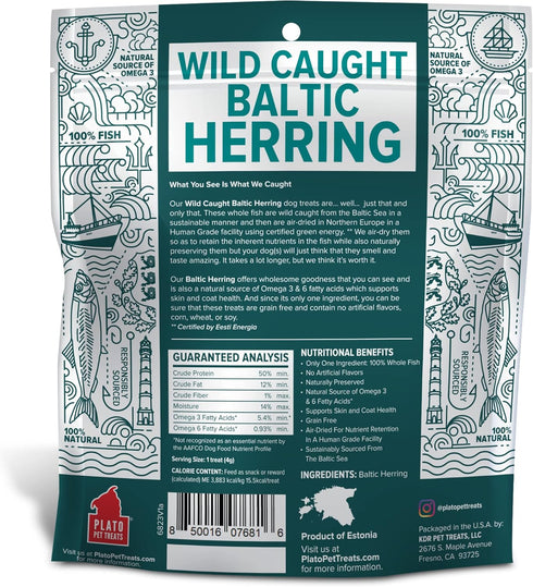 PLATO Pet Treats Air Dried Dog Treats Baltic Herring Dog Treat, Real Fish, Grain-Free, Baltic Herring, All Natural, Single Ingredient Fish, 3oz