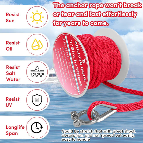 Premium Anchor Rope 50ft x 3/8 inch, Solid Braid MFP Marine Rope, Boat Anchor Line with Thimble & Shackle