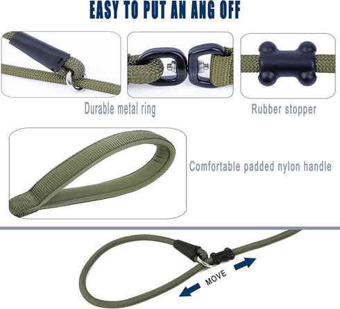 Slip Lead Dog Leash, 6ft - Strong Nylon Rope, Anti-Choking, Anti-Pull for Small Medium Large Dogs (Army Green)