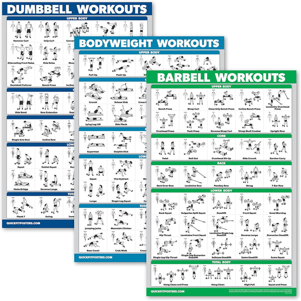 QUICKFIT 3 Pack Workout Charts, Dumbbell Workouts, Bodyweight Exercises, Barbell Routine Posters, Laminated, 18" x 24"