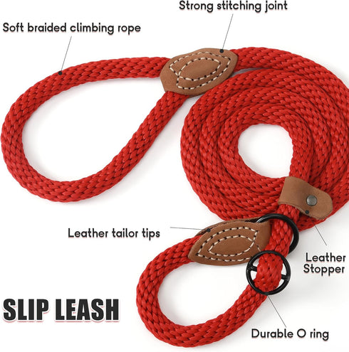 Mile High Life Slip Leads for Dogs, Heavy Duty Training Leash, 5 Feet No Pull with Leather Tip, Red Rope