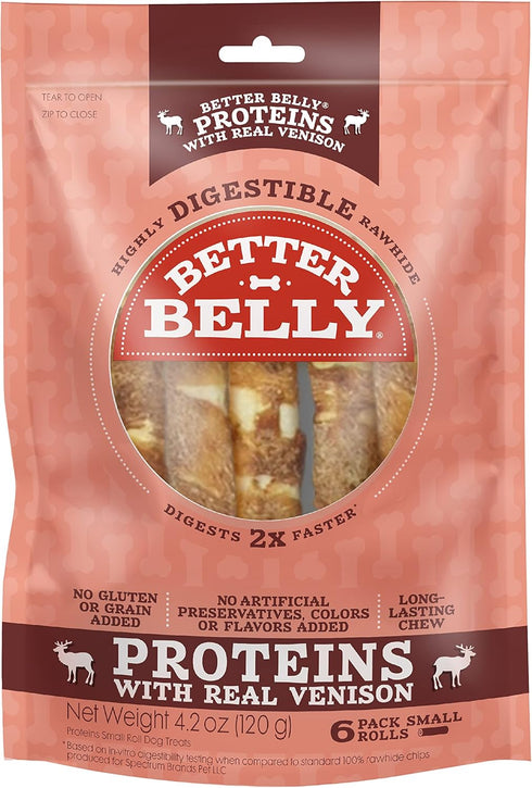 Better Belly Proteins with Real Venison, Small Rolls, 6 Count, Digestible Rawhide for Dogs, 4.2 OZ