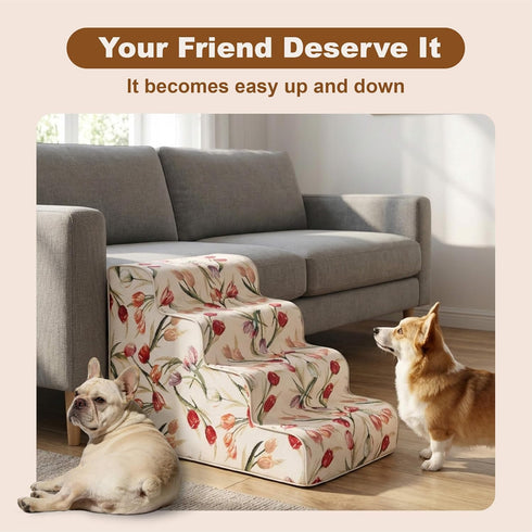 18" 4-Step 30D Country Dog Stairs for Bed & Couch H, Extra Long Dog Steps for Bed with Foam, Style Pet Stairs for Small