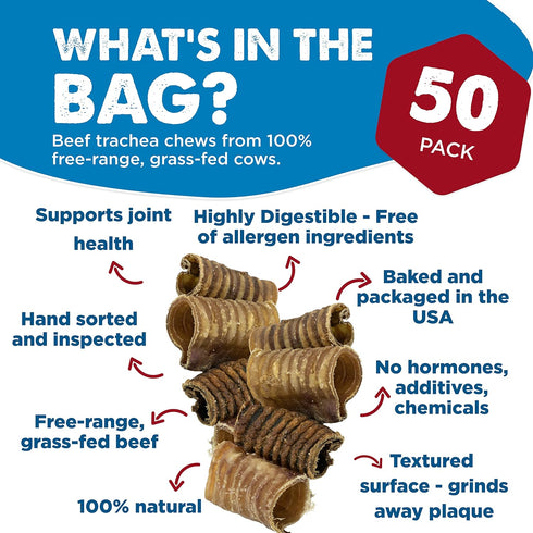 Best Bully Sticks Premium 3 Inch Beef Trachea Dog Chews (50 Pack) - All-Natural, Grain-Free, 100% Beef