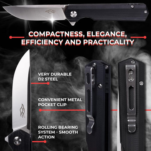 Firebird GANZO FH11S-BK Pocket Folding Knife with G10 Anti-Slip Handle and D2 Steel Blade for Outdoor Gear