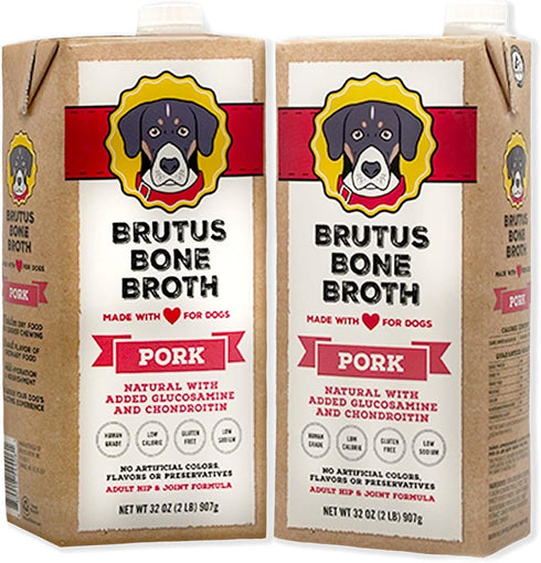 Brutus Bone Broth for Dogs, All Natural, Made in USA, Glucosamine & Chondroitin, Hydrating Dog Food Topper (Pork,