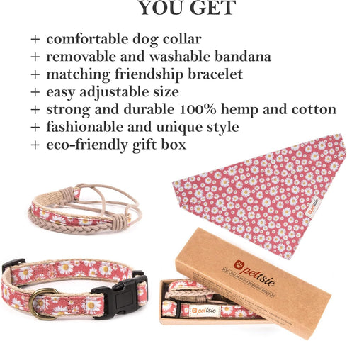 Pettsie Adjustable Dog Bandana Collar with Matching Friendship Bracelet, Soft & Comfortable Durable Hemp, Pink, Small