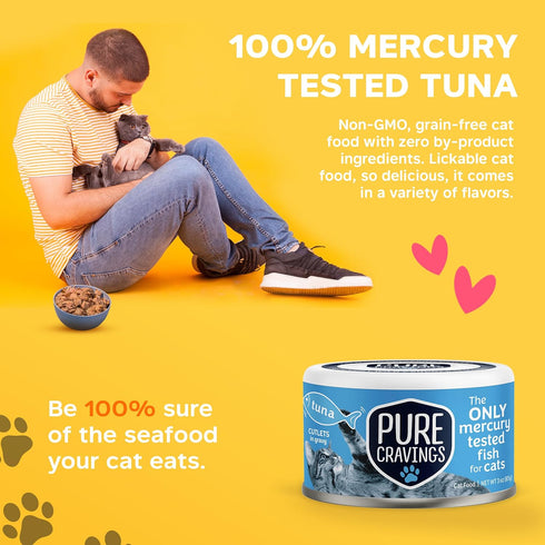 100% Pack 12 Pure Cravings Wet Cat Food Canned Tuna Cutlets in Gravy, Mercury-Tested, Moist Can Fish for Cats