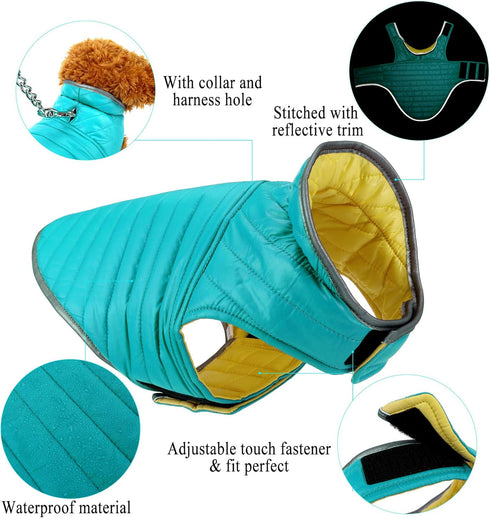 Mogoko Reflective Reversible Dog Winter Coat with Harness/Leash Hole - Waterproof Pet Jacket Warm Vest for Cold Snow