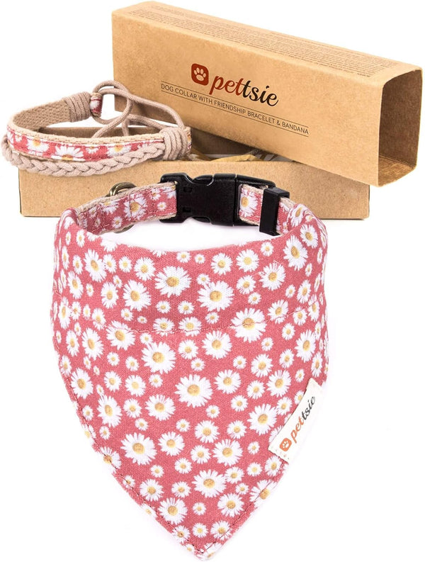 Pettsie Adjustable Dog Bandana Collar with Matching Friendship Bracelet, Soft & Comfortable Durable Hemp, Pink, Small
