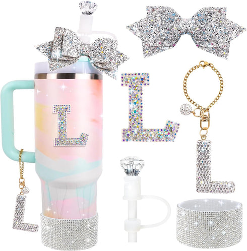 Water Bottle Accessories Set for Stanley Cup 30Oz, Includes Letter Charms, Diamond Straw Cover, Glitter Silicone Boot